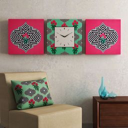 SEJ by Nisha Gupta Set of 2 Wall Art and 1 Square 35.5 cm Analogue Wall Clock-24