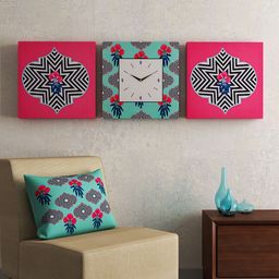 SEJ by Nisha Gupta Set of 2 Wall Art and 1 Square 35.5 cm Analogue Wall Clock-26