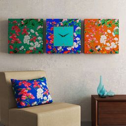 SEJ by Nisha Gupta Set of 2 Wall Art and 1 Square 35.5 cm Analogue Wall Clock-23