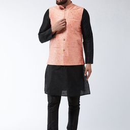 SOJANYA Men Black & Peach-Coloured Printed Kurta with Churidar & Nehru Jacket-picture-37