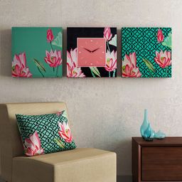 SEJ by Nisha Gupta Set of 2 Wall Art and 1 Square 35.5 cm Analogue Wall Clock-19