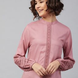 Marie Claire Women Peach-Coloured Mandarin Collar Puff Sleeves Regular Top-picture-5