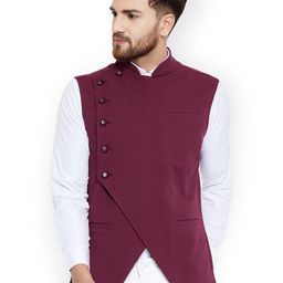 Hypernation Men Maroon Solid Nehru Jacket-image-9