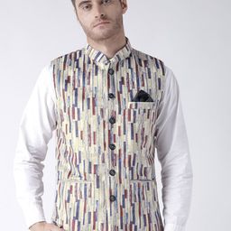 Hangup Men Multicoloured Abstract Printed Nehru Jacket With Pocket Square-53