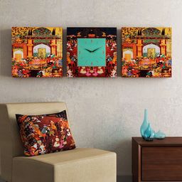 SEJ by Nisha Gupta Set of 2 Wall Art and 1 Square 35.5 cm Analogue Wall Clock-27