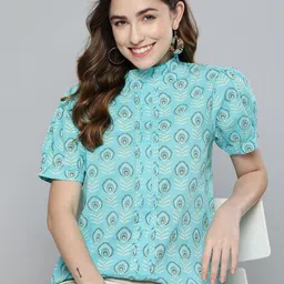 HERE&NOW Women Blue & White Printed Pure Cotton Top-image-29