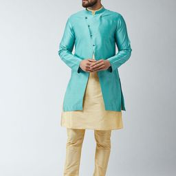 SOJANYA Men Beige & Turquoise Blue Self Design Kurta with Churidar-57