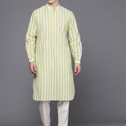 Fabindia Men White & Green Striped Woven Design Slim Fit Pure Cotton Kurta-picture-56