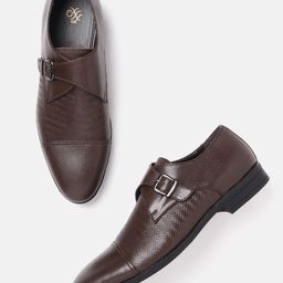 House of Pataudi Men Coffee Brown Textured Leather Handcrafted Formal Monk Shoes-image-53