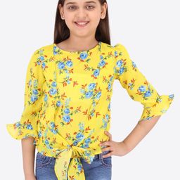 CUTECUMBER Yellow Floral Printed Bell Sleeves Georgette Regular Top-picture-8