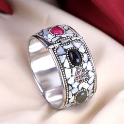 PANASH Oxidised Silver Plated Multi Color Stone Studded Kada Bracelet-picture-10