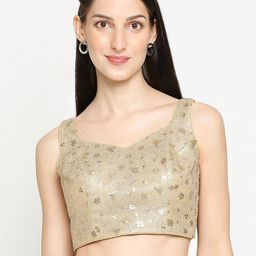SALWAR STUDIO Gold-Coloured Sequins Embroidered Net Readymade Saree Blouse-picture-3