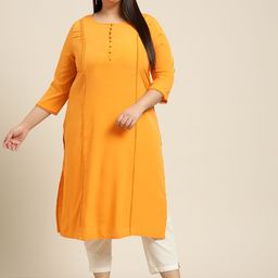Sztori Plus Size Women Mustard Yellow Solid Lace Insert Kurta-picture-15