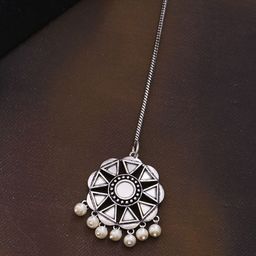 Voylla Women Oxidised Silver-Plated & White Pearl Beaded Maang Tikka-picture-44