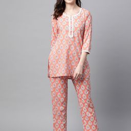 Meeranshi Women Peach-Coloured & Off White Pure Cotton Printed Nightsuit-picture-22