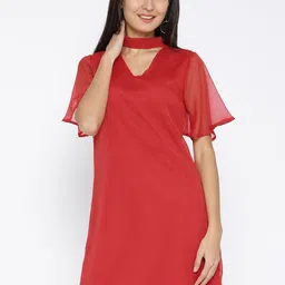 Sera Red Choker Neck Chiffon A-Line Dress-image-41