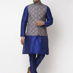 Benstoke Men Blue Solid Kurta Set with Jacket-image-111