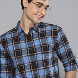 HERE&NOW Men Blue & Black Slim Fit Checked Pure Cotton Casual Shirt-image-67