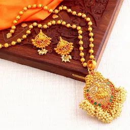 Sukkhi Gold-Plated Pink & Green Stone-Studded & Beaded Goddess Laxmi Temple Jewellery Set-picture-37