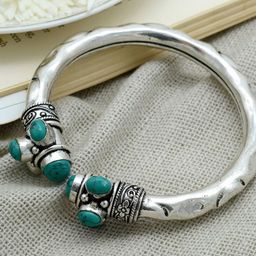 TEEJH Women Silver & Turquoise Blue German Silver Oxidised Cuff Bracelet-image-31