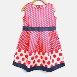 StyleStone Girls Pink & Off-White Polka Dots Printed Fit & Flare Dress-9