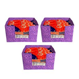 Kuber Industries Set of 3 Purple Floral Printed Large Stacker Foldable Wardrobe Organizers-22