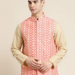Sojanya Men Peach & White Embroidered Nehru Jacket-10