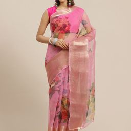 Anouk Pink & Red Floral Print Organza Saree-picture-22