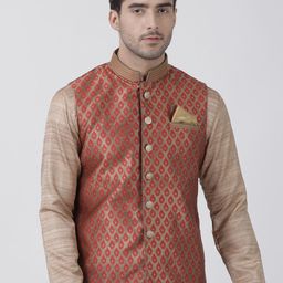 VASTRAMAY Men Gold & Red Woven Design Slim-Fit Nehru Jacket-10