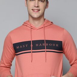 Mast & Harbour Men Dusty Pink & Navy Blue Printed Hooded Sweatshirt-image-94