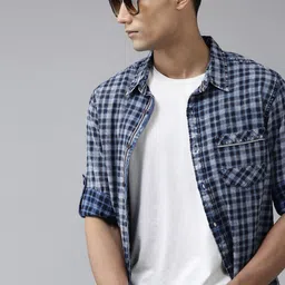 Roadster Men Blue Checked Regular Fit Pure Cotton Sustainable Casual Shirt-picture-15