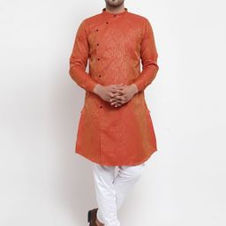KLOTTHE Men Orange & White Woven Design Viscose Rayon Kurta with Churidar Pyjamas-image-80