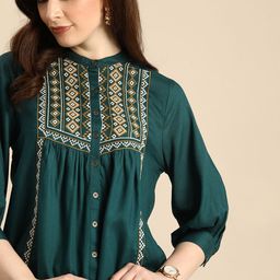 all about you Teal & Multicoloured Embroidered Mandarin Collar Empire Top-19