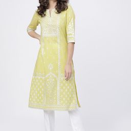 Vishudh Women Yellow & White Geometric Kurta-image-66
