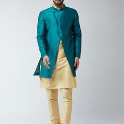 SOJANYA Men Beige & Green Self Design Kurta with Churidar-picture-20