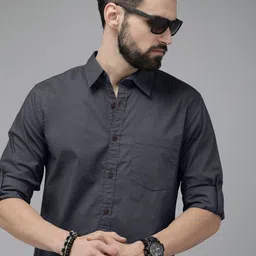 Roadster Men Charcoal Grey Slim Fit Solid Opaque Stretchable Casual Shirt-image-84