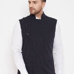 Hypernation Men Navy Blue Solid Pure Cotton Nehru Jacket-4