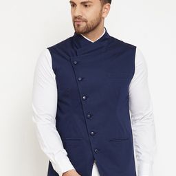 Hypernation Men Navy Blue Cotton Solid Woven Satin Twill Nehru Jacket-6