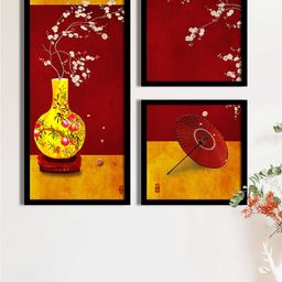 Art Street Set Of 3 Yellow & Red Beautiful Pot Printed Framed Wall Art-picture-0