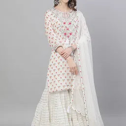 Ishin Women White Printed Kurta with Sharara & Dupatta-image-19