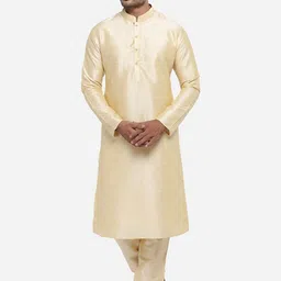 azania Men Gold-Toned Solid Kurta with Pyjamas-image-90