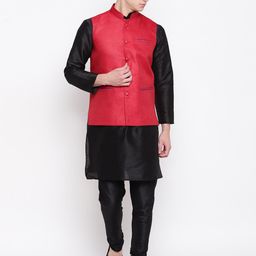 MAG Men Black Solid Kurta with Churidar & Nehru Jacket-image-61