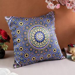 KOLOROBIA Blue & White Ethnic Motifs Satin Square Cushion Covers-17