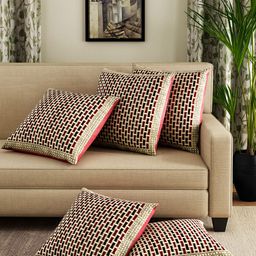 ROMEE Beige & Gold-Toned Set of 5 Self Design Square Cushion Covers-47