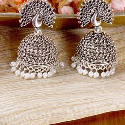 TEEJH Silver-Plated Dome Shaped Jhumkas Earrings-image-64