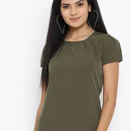THREAD MUSTER Olive Green Keyhole Neck Crepe Regular Top-picture-17