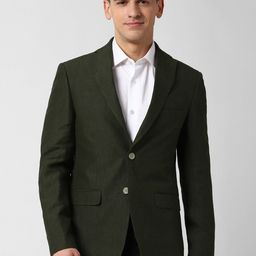 Peter England Elite Men Olive Green Solid Single-Breasted Linen Slim-Fit Formal Blazer-32