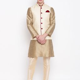 MAG Men Taupe & Cream-Coloured Self Design Kurta with Churidar & Nehru Jacket-picture-6