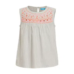 Miyo Girls Grey & Off-White Striped A-Line Pure Cotton Top-image-96