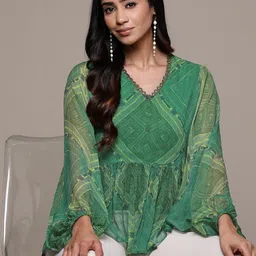 aarke Ritu Kumar Geometric Print Puff Sleeves Chiffon Peplum Top-24